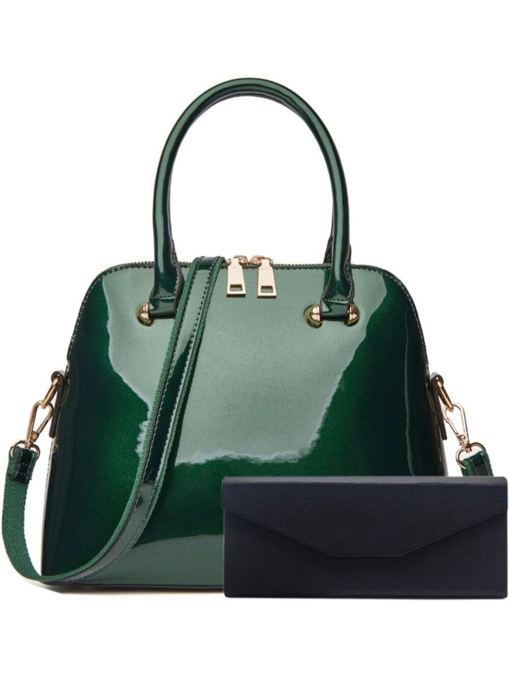 Shiny Patent Leather Dome Satchel Handbag - Large Multi-Pocket Shoulder Bag